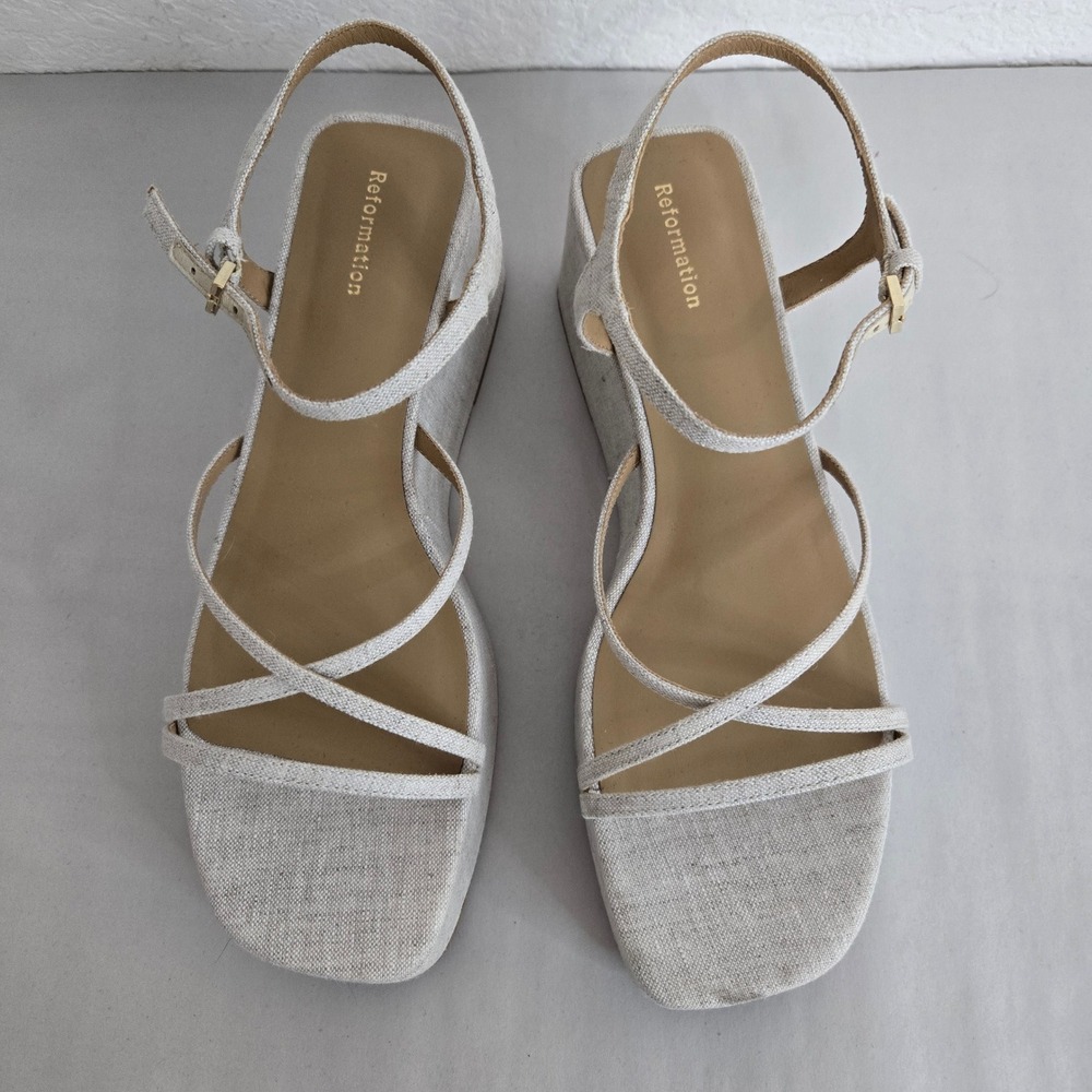New- Reformation Ivory Linen Strappy Wedge Sandals